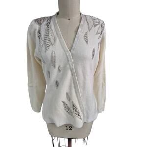 VTG 90s Marisa Christina 3D Sweater Sz L Cream Beaded V Neck Angora  Hong Kong